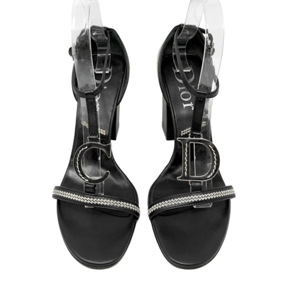 Vintage Dior‎ Galliano Black Logo T Strap Block Heel Sandals 38.5 Runway
